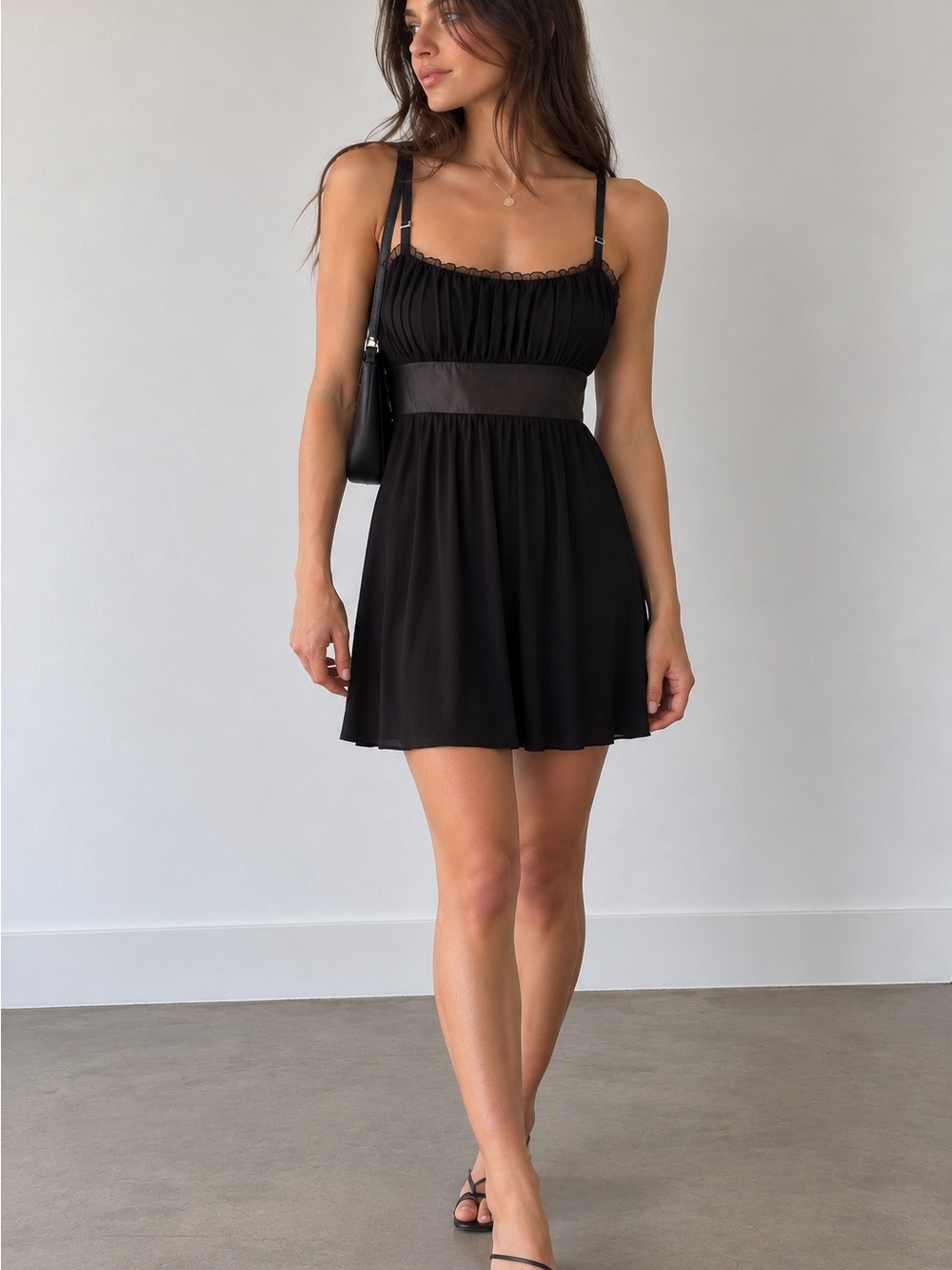 Elegant Black Pleated Mini Dress with Ribbon Waist Tie